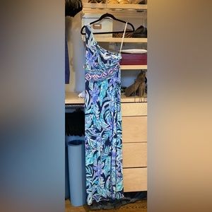 Blue Lilly Pulitzer print one shoulder maxi